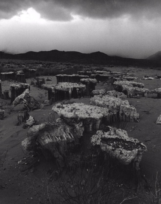 A cold and gray sunset amongst the sand tufa at Mono Lake, we were able to arrive just before sunset to scout in the dying light for some compositions. The very low and indirect light works well with the bright white of the tops of the tufa that are normally overexposed in direct sunlight. This is a scan of an 8x10 work print on Ilford MGFB (silver gelatin) paper, shot on Foma 100 (Arista EDU) black and white film, on a Canon F-1 coupled to a 28mm f/2.8 lens. 